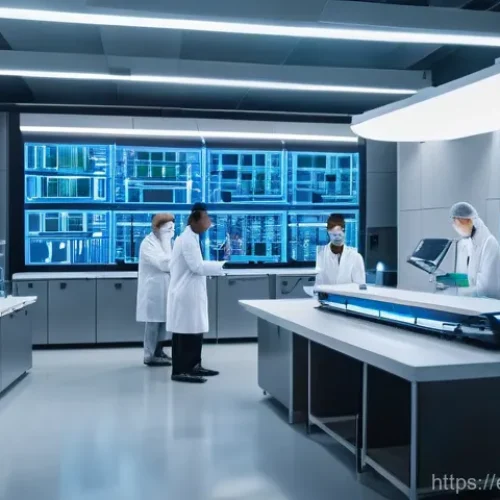 Home 21 임상병리사 재교육 프로그램 - **A modern, high-tech clinical laboratory bustling with activity.** A diverse group of laboratory sc...