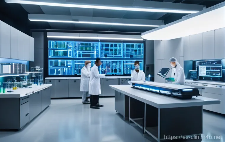 임상병리사 재교육 프로그램 - **A modern, high-tech clinical laboratory bustling with activity.** A diverse group of laboratory sc...