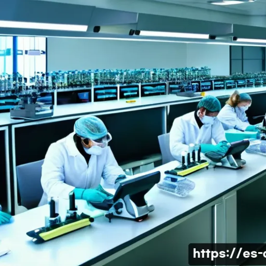 임상병리사 해외 자격증 취득법 - A modern clinical laboratory setting in Spain, featuring a diverse group of healthcare professionals...