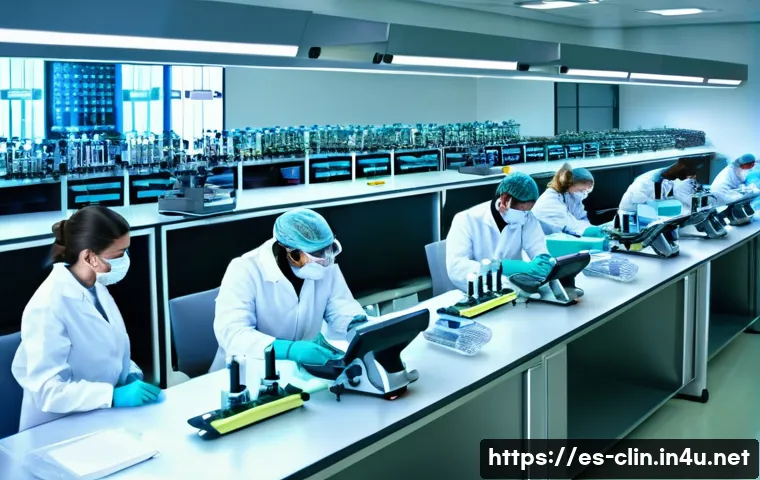 임상병리사 해외 자격증 취득법 - A modern clinical laboratory setting in Spain, featuring a diverse group of healthcare professionals...