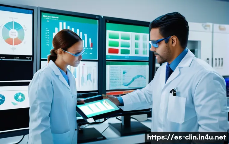 임상병리사 신규 채용 우대 조건 - A modern clinical laboratory scene featuring a diverse team of Hispanic laboratory technicians weari...