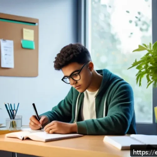Home 33 임상병리사 국가고시 준비법 - A focused young adult student sitting at a neatly organized desk in a bright, cozy study room with l...