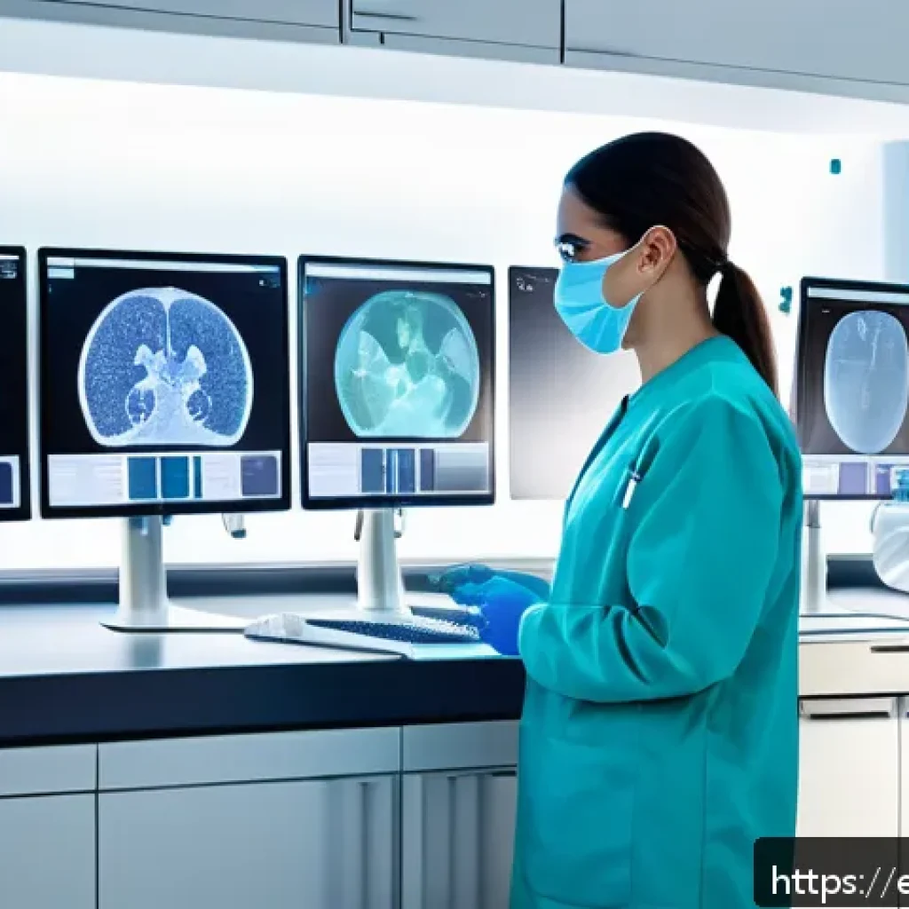 임상병리사와 연구개발 부서의 협업 - A modern clinical laboratory scene in a Spanish hospital, showing a diverse team of laboratory techn...