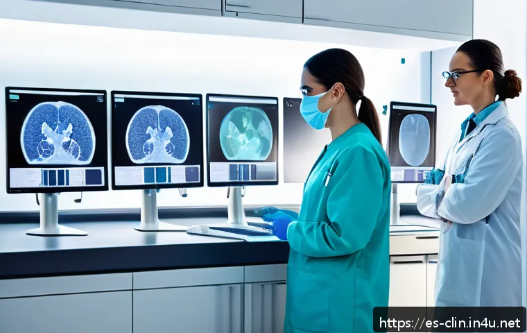 임상병리사와 연구개발 부서의 협업 - A modern clinical laboratory scene in a Spanish hospital, showing a diverse team of laboratory techn...