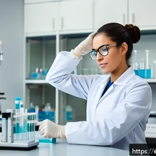 Home 31 임상병리사 직무 스트레스 관리법 - A clinical laboratory technician in a modern Spanish laboratory setting, taking a short active break...