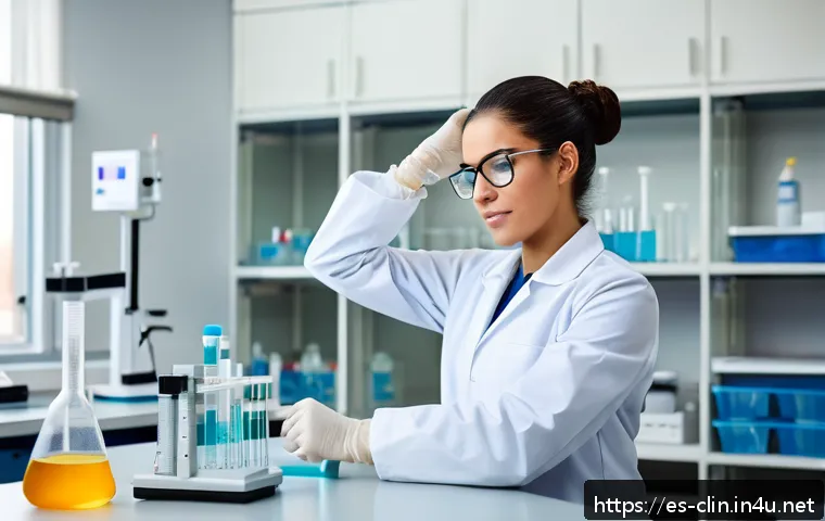 임상병리사 직무 스트레스 관리법 - A clinical laboratory technician in a modern Spanish laboratory setting, taking a short active break...