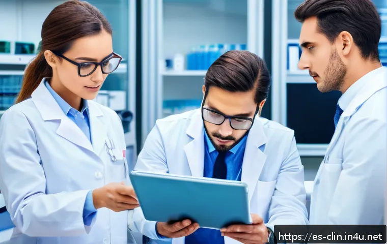 임상병리사 경력전환 직업 추천 - A modern clinical laboratory quality control room, featuring a diverse team of professionals in busi...