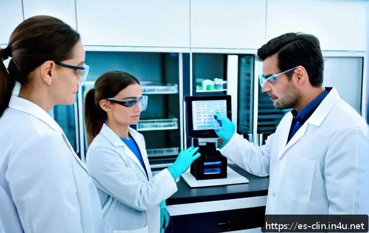 임상병리사 채용 공고 분석 - A modern clinical laboratory scene showing a diverse group of professional laboratory technicians in...