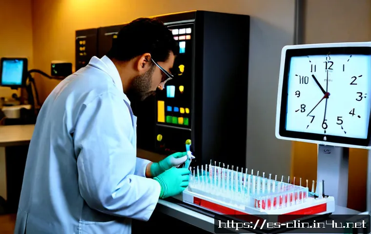 Home 17 임상병리사의 주 52시간 근무제 - Photorealistic Spanish clinical laboratory scientist in a modern public hospital laboratory, careful...